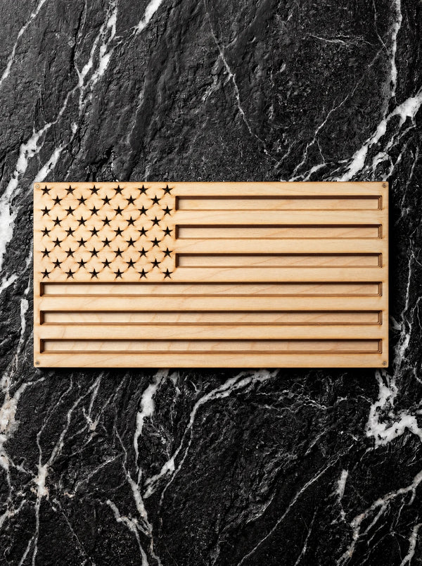 Handmade layered wood American flag wall art in Baltic birch.