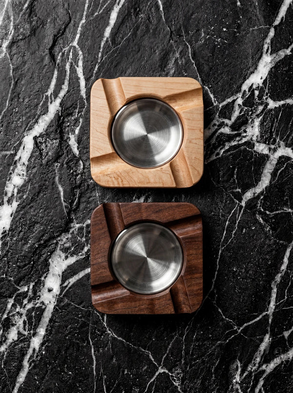 Handmade wood cigar ashtray with a brushed stainless dish in maple or walnut.