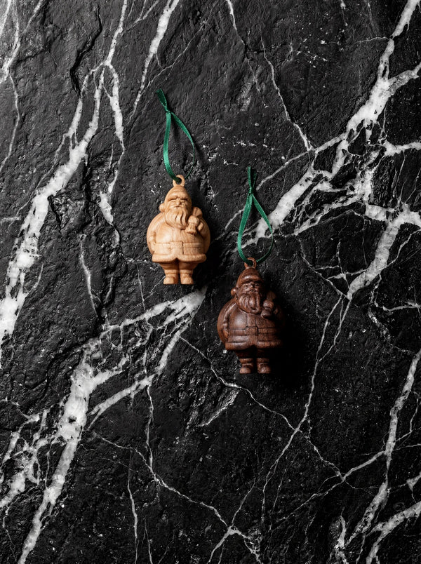 Hand-carved wood Santa Christmas ornament in walnut or maple.