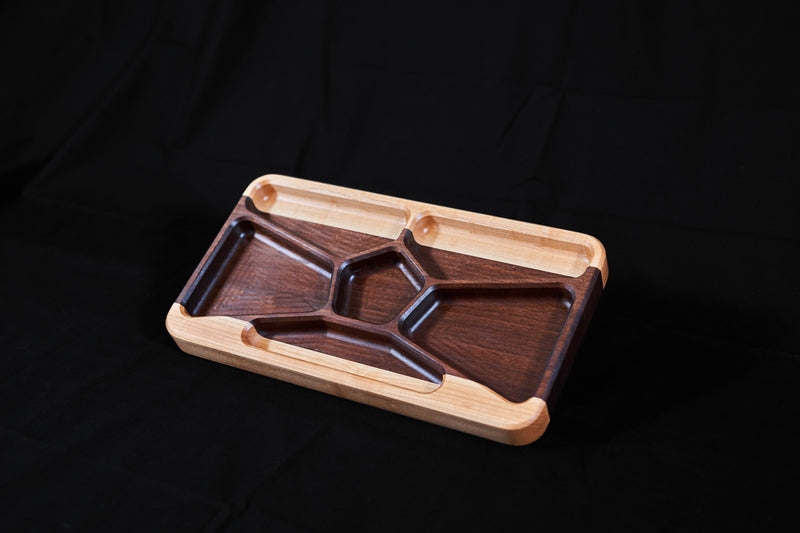 Black walnut and hard maple serving tray, 14x8 inches, handcrafted by Kineo Mountain Woodsmithing with a natural wood finish.