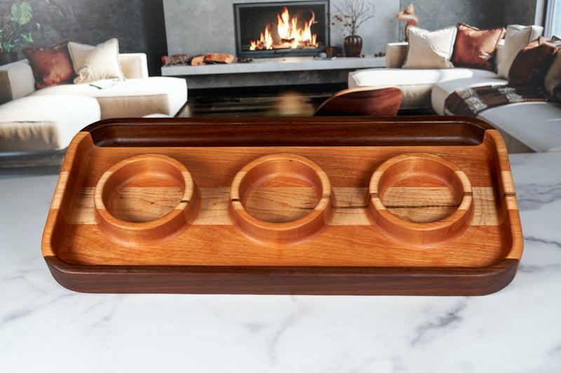 American walnut, cherry, and hard maple serving tray with handles, 20x9 inches, handcrafted by Kineo Mountain Woodsmithing.