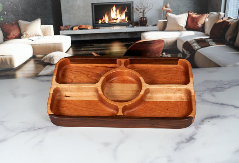 American walnut, cherry, and hard maple serving tray, 14x8 inches, crafted by Kineo Mountain Woodsmithing with a smooth finish.