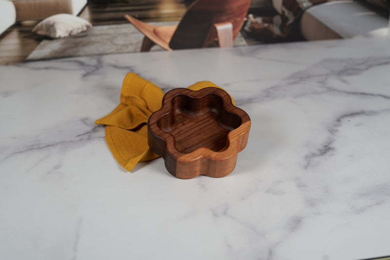 Black Walnut and Cherry catchall tray with six-point star design, 5x4.5 inches, handcrafted by Kineo Mountain Woodsmithing.