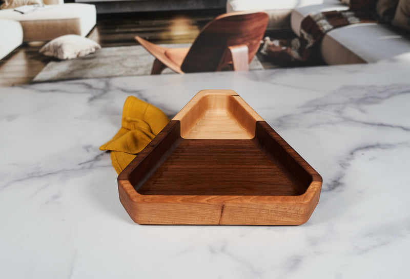 Black Walnut, Maple, and Cherry catchall tray with chamfered triangle shape, 9x8 inches, crafted by Kineo Mountain Woodsmithing.