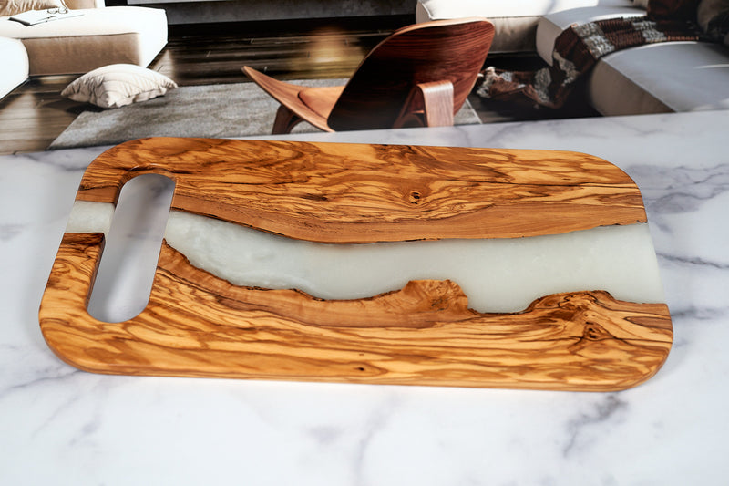 Olivewood River Charcuterie Board by Kineo Mountain Woodsmithing, 18x10 inches, showcasing smooth wood grain and natural design.
