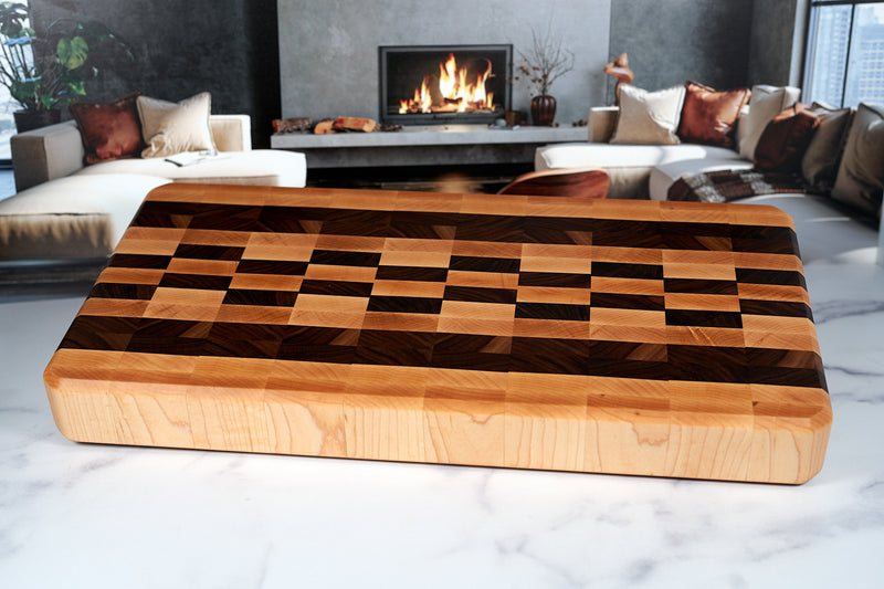 Black Walnut and Hard Maple end grain cutting board by Kineo Mountain Woodsmithing, 22 x 11 inches, showcasing a durable, polished surface.