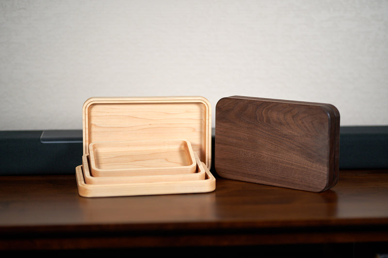 Kineo Mountain Woodsmithing Cimarron River nesting catchall tray set with natural wood finish and multiple compartments for organization.