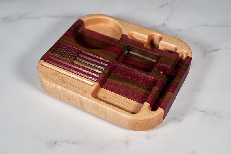 Purple Heart, black walnut, and hard maple desk organizer by Kineo Mountain Woodsmithing, 10x9 inches, with multiple compartments.