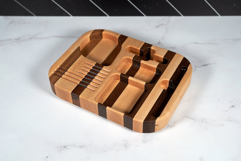 Black Walnut and Hard Maple desk organizer by Kineo Mountain Woodsmithing, 11x9 inches, with compartments for office supplies.