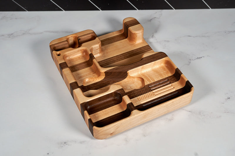 Black Walnut and Hard Maple EDC tray by Kineo Mountain Woodsmithing, 9x11 inches, showcasing a handcrafted wooden storage tray.