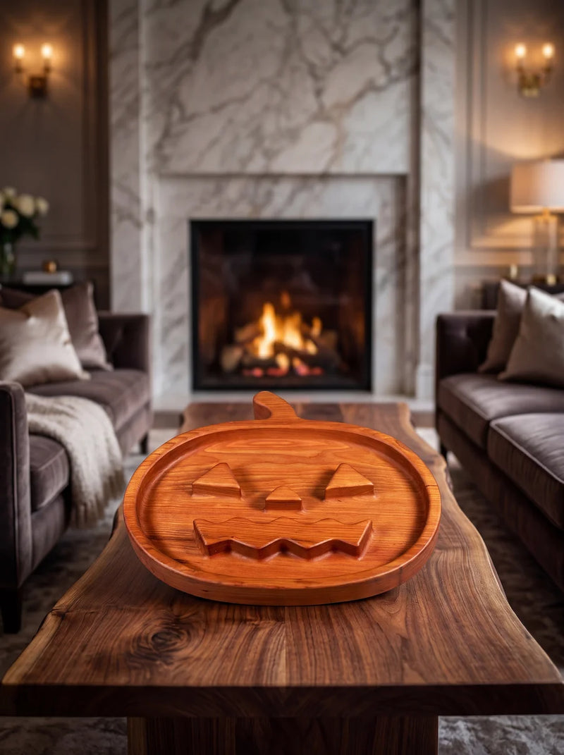 Cherry jack-o-lantern serving tray displayed on wooden coffee table in luxury living room with lit fireplace.