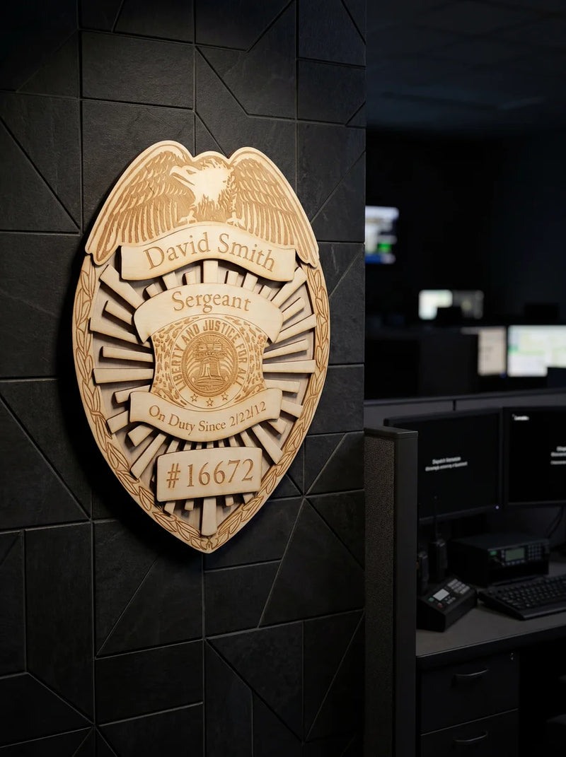 Custom wood police badge plaque with eagle emblem and personalized engraving displayed on dark tiled wall in police station.