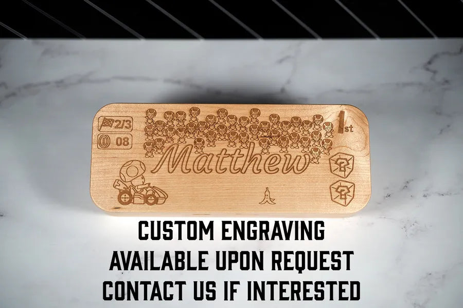 Hard maple travel case with custom laser engraving on the lid, available on request.