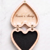 Open maple heart keepsake box with a custom message engraved inside the lid.