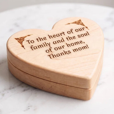 Maple heart keepsake box with a custom message engraved on the outside of the lid.