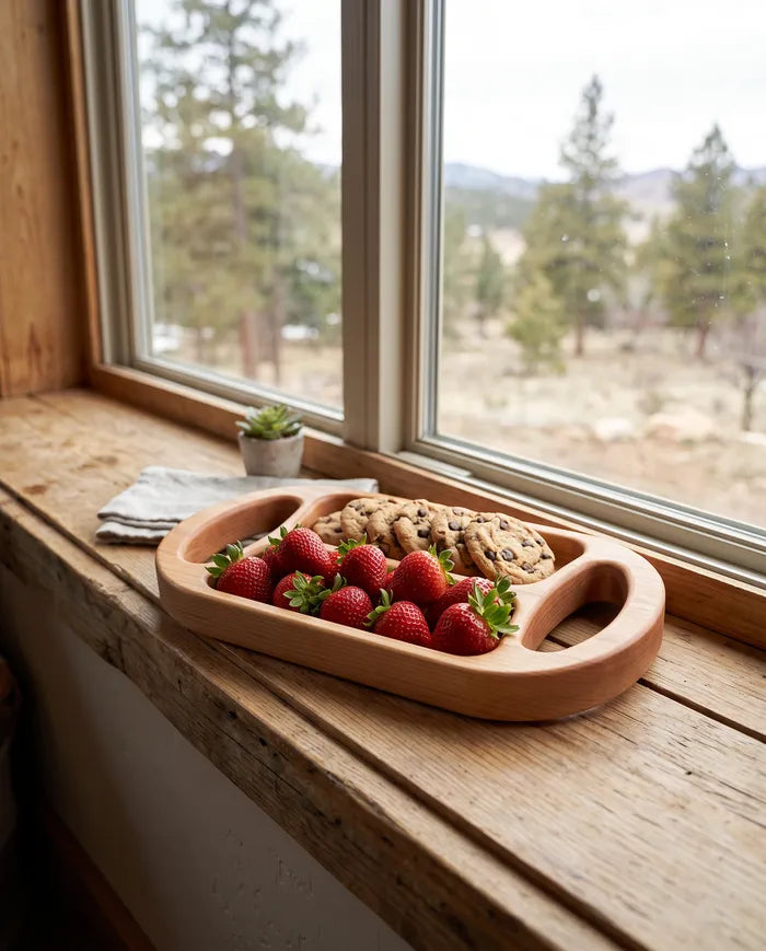 Maple divided serving tray with strawberries and cookies on a cabin windowsill overlooking pine forest.