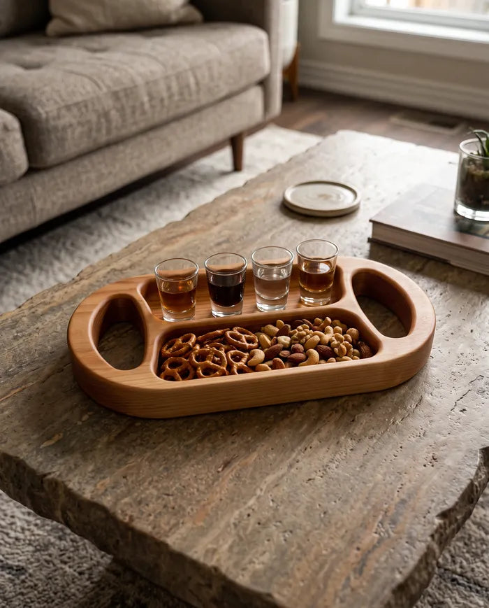 Maple divided serving tray with pretzels, mixed nuts, and four tasting glasses on a stone coffee table.