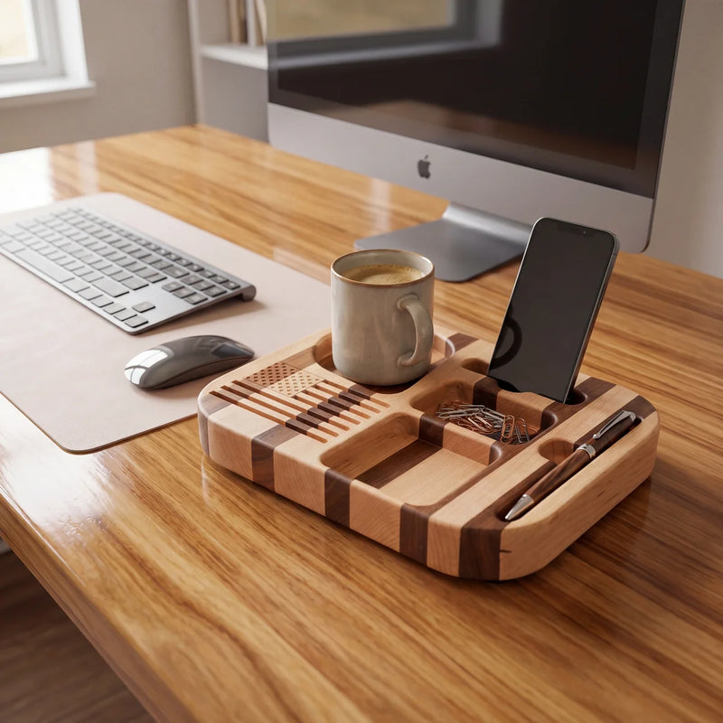 Maple and walnut desk organizer with phone holder, mug slot and compartments on wooden desk in modern home office setup.