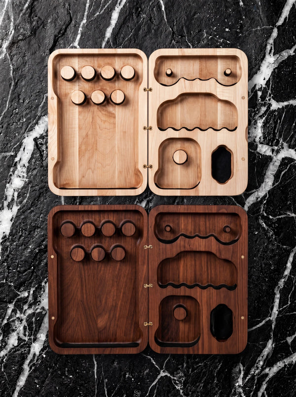 Handmade slim wood jewelry box that stands upright like a book.