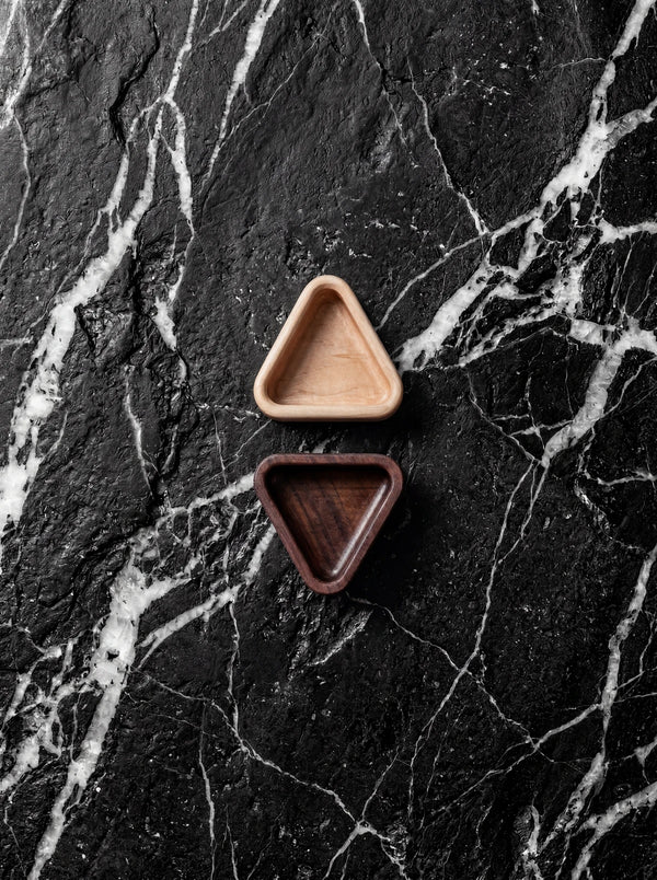Handmade triangle wooden snack tray for nuts, grapes and dips.