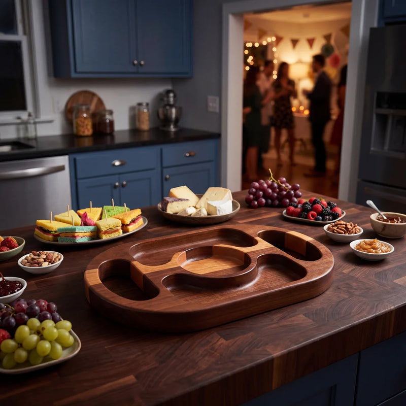 Walnut divided serving tray with multiple compartments for appetizers on kitchen island surrounded by party snacks.