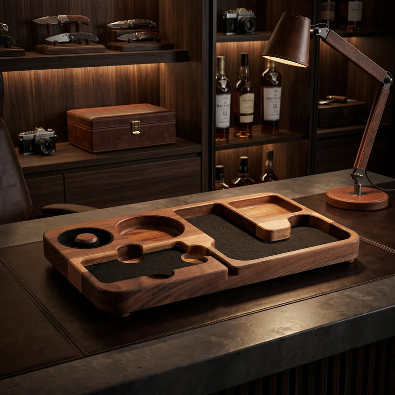 Walnut EDC organizer tray with various slots and felt lining displayed on dark leather desk in upscale office.
