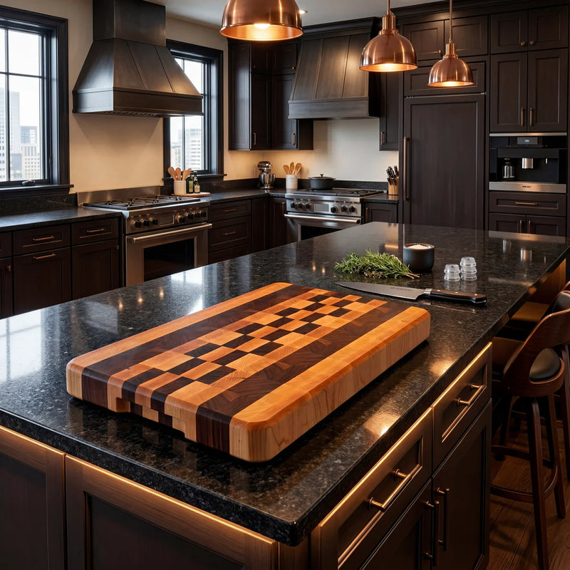 Walnut and maple end grain cutting board on marble kitchen island in luxury kitchen with dark cabinets