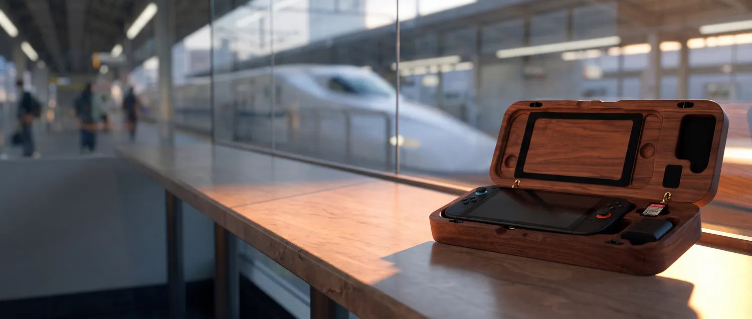 Walnut travel case open on a station counter with a shinkansen behind the glass.