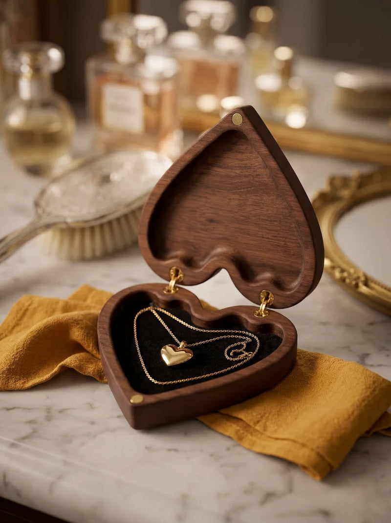 Wooden heart-shaped jewelry box with a gold necklace on a marble surface with perfume bottles in the background.