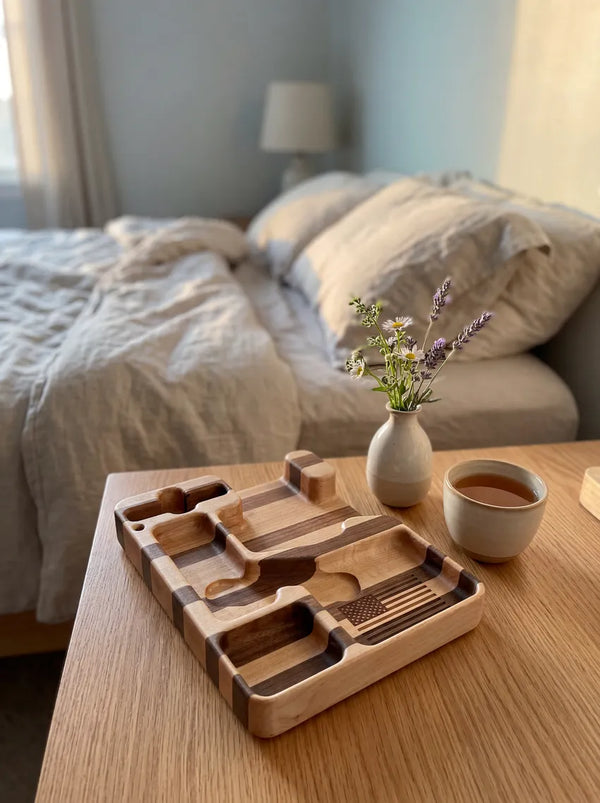 Walnut and maple combo EDC tray with multiple compartments and American flag engraving on bedside table in cozy bedroom.