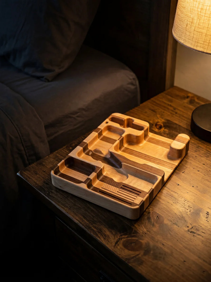 Walnut and maple striped EDC tray with multiple compartments and American flag engraving on wooden nightstand.