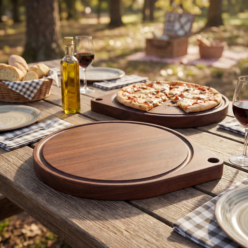 Walnut round serving board on picnic table in park setting with sliced pizza olive oil and wine glasses ready for meal.
