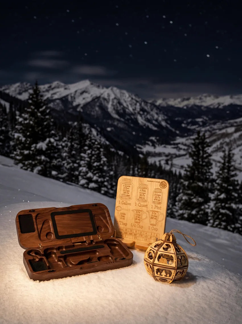 Premium walnut Steam Deck case, wood conversion chart cookbook stand and decorative wood ornament displayed on snow with mountain background.