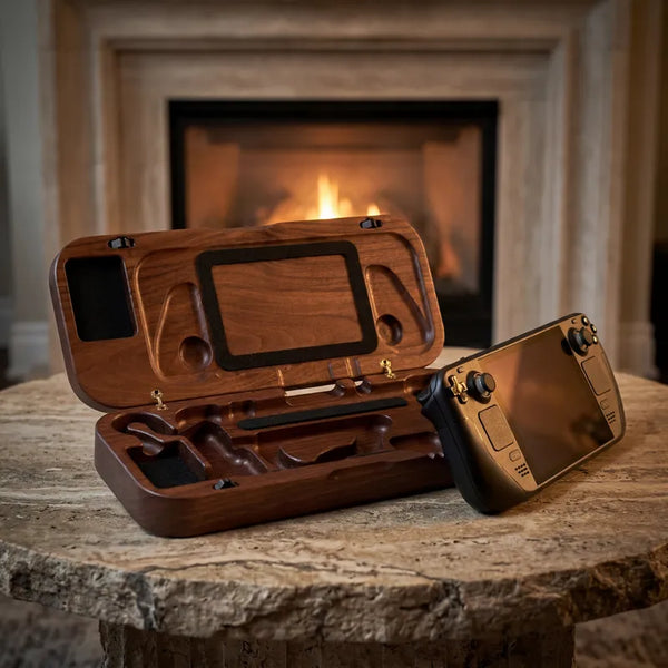 Walnut Steam Deck case open with handheld console on stone table with glowing fireplace in background.
