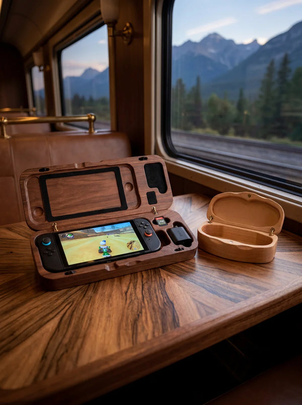 Walnut Switch 2 case open with console beside maple sunglasses case on train table with mountain views outside window.