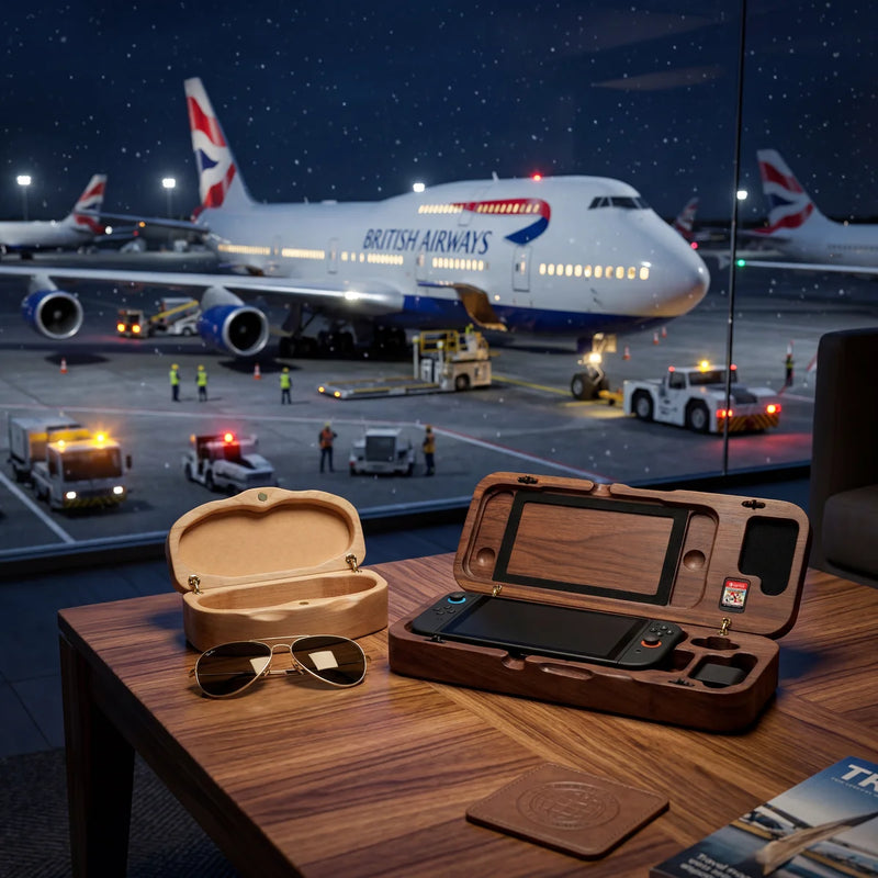 Walnut Switch 2 case and maple sunglasses case on wooden surface with dramatic night airport and airplane background.
