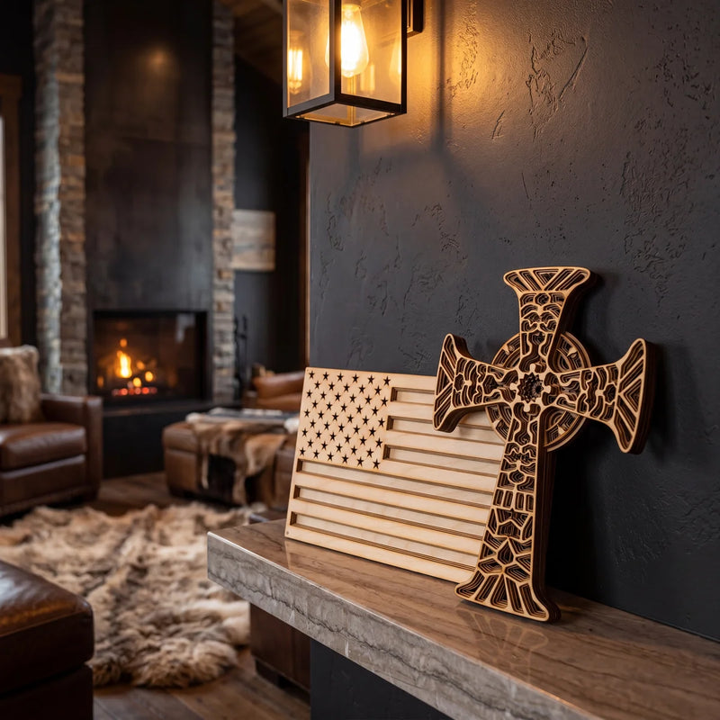 Intricately carved wood Celtic cross beside wood American flag art on console table near lit fireplace.
