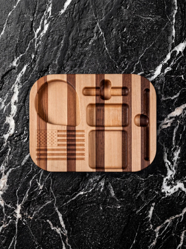 Handmade wood desk organizer in black walnut and hard maple.