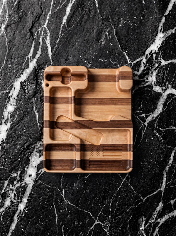 Handmade wood EDC valet tray in walnut and maple for everyday carry.