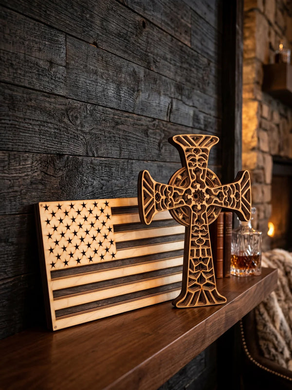 Wooden American flag and Celtic cross on a wooden shelf with a candle in the background.