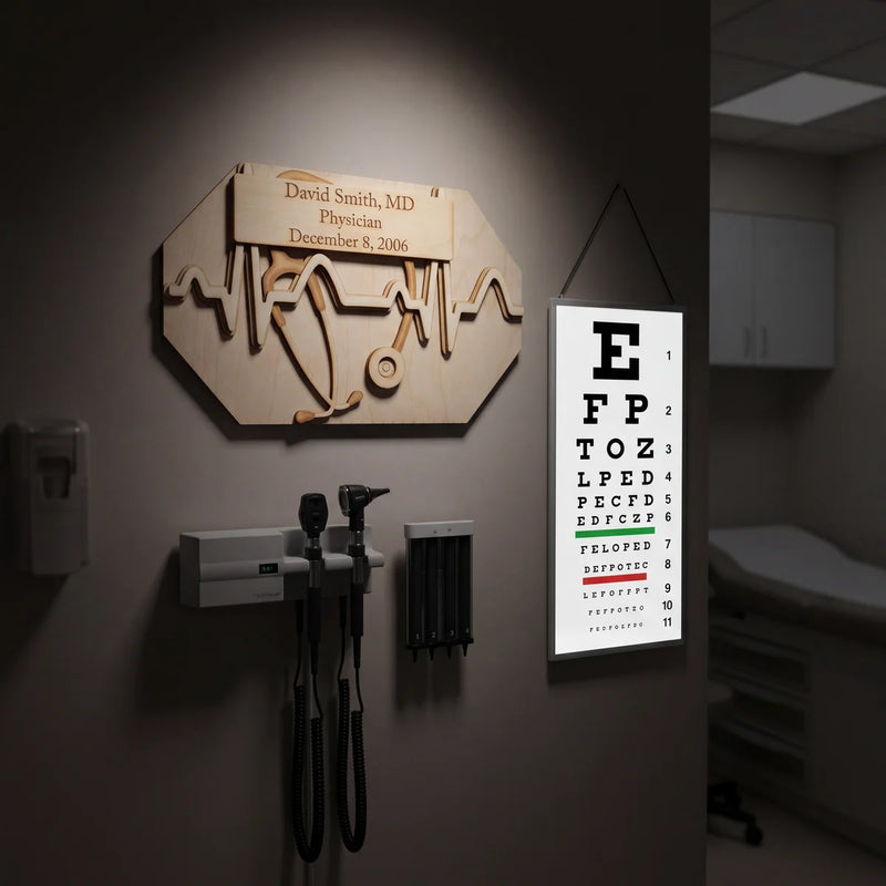 Wood stethoscope and EKG heartbeat doctor plaque mounted on wall in medical exam room beside eye chart.