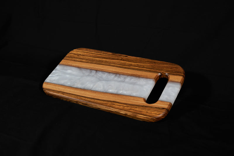 Bocote River Charcuterie Board by Kineo Mountain Woodsmithing, 18x9 inches, featuring a natural wood grain pattern for serving cheese and snacks.